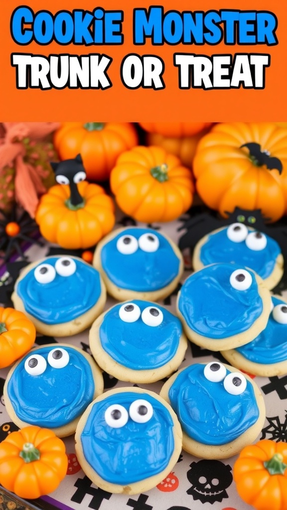 Cookie Monster cookies with blue frosting and candy eyes on a Halloween-themed platter.